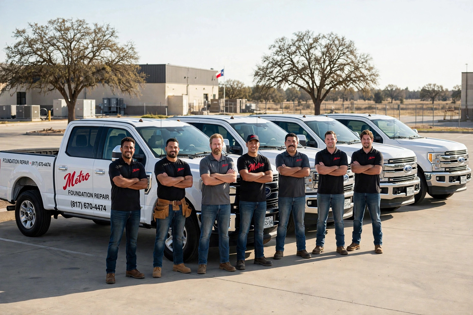 Metro Foundation Repair crew standing with the fleet of branded work trucks
